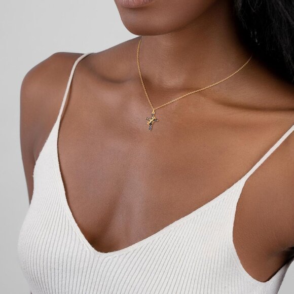 Perfect Gifts Women Crown M09 Sapphire Cross Necklace Gold Plated Faith Jewelry - Picture 3 of 8